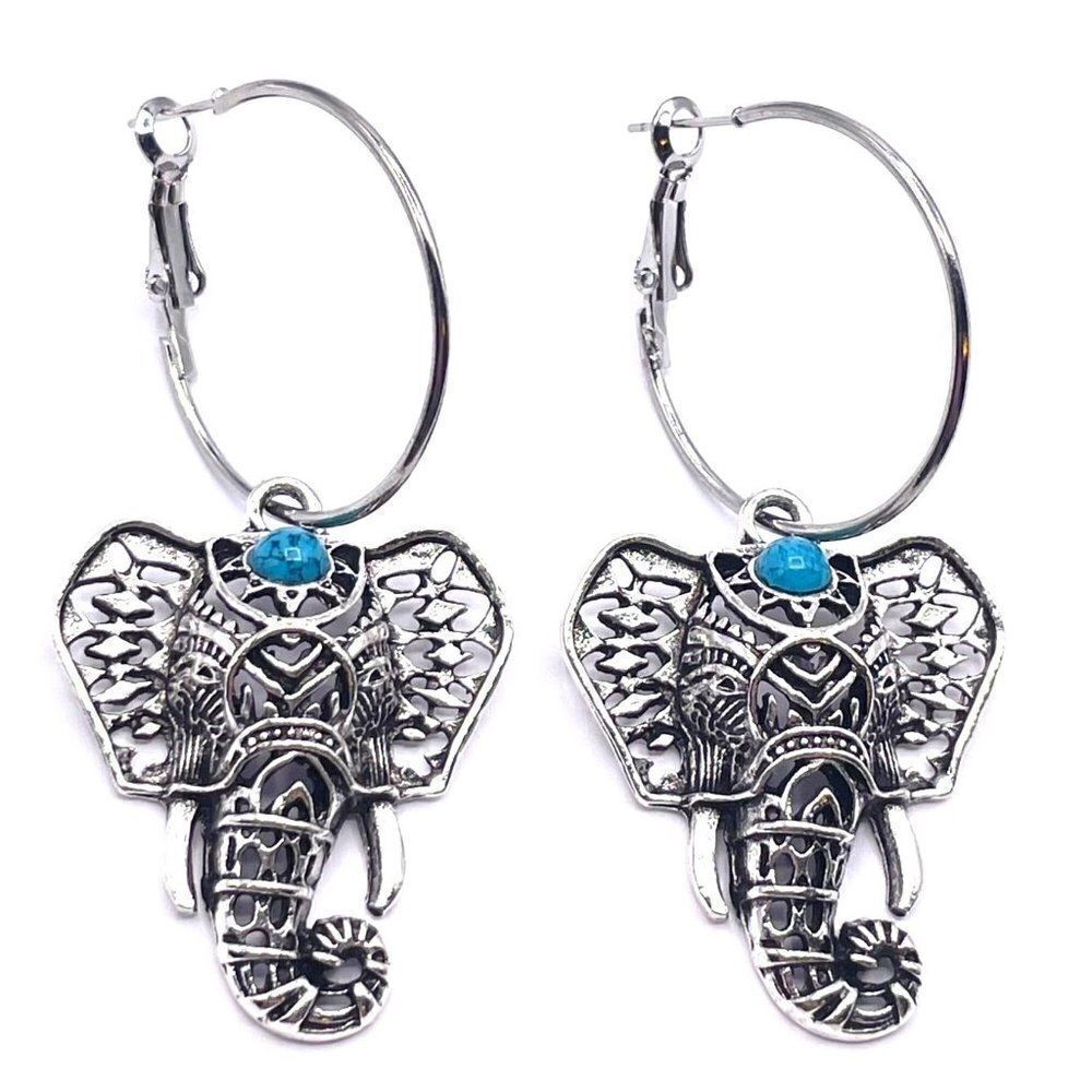 Silver with Turquoise Boho Elephants Hinged Post Hoop Earrings
